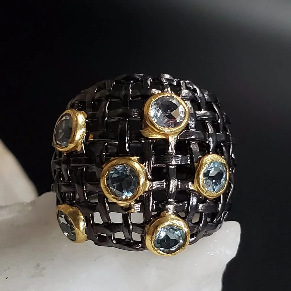 Designer Jewelry Sterling Silver Ring 925 14K Gold Natural Aquamarine Gemstones